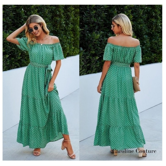 Green Summer Polka Dot Off-Shoulder Dress S-M-L Sizes - Picture 1 of 4